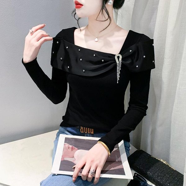 Camiseta De Manga Larga Con DiseñO En Diamante Para Mujer Invierno Temperamento Delgado Y Esbelto Lujo Ligero Camiseta Base Top 3XL Gray-image