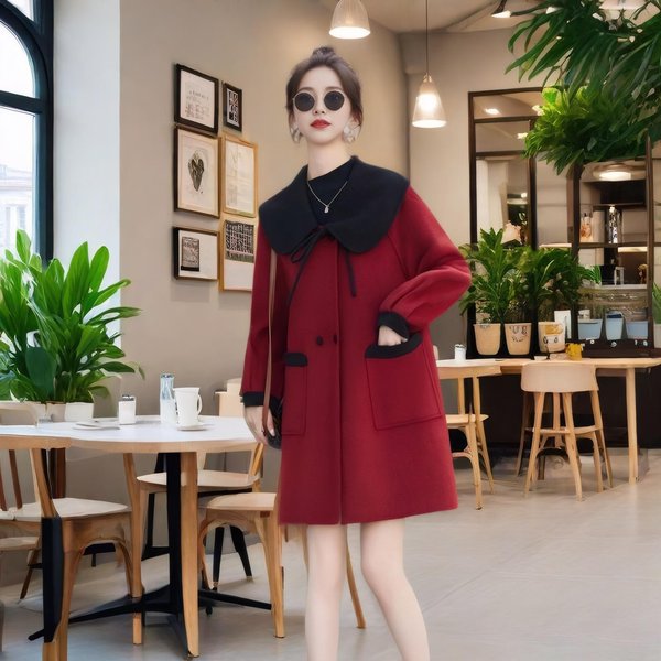 Abrigo De Lana Con Cuello De MuñEca OtoñO E Invierno Nuevo VersáTil Doble Botonadura Abrigo De Lana Grueso XL Rojo-image