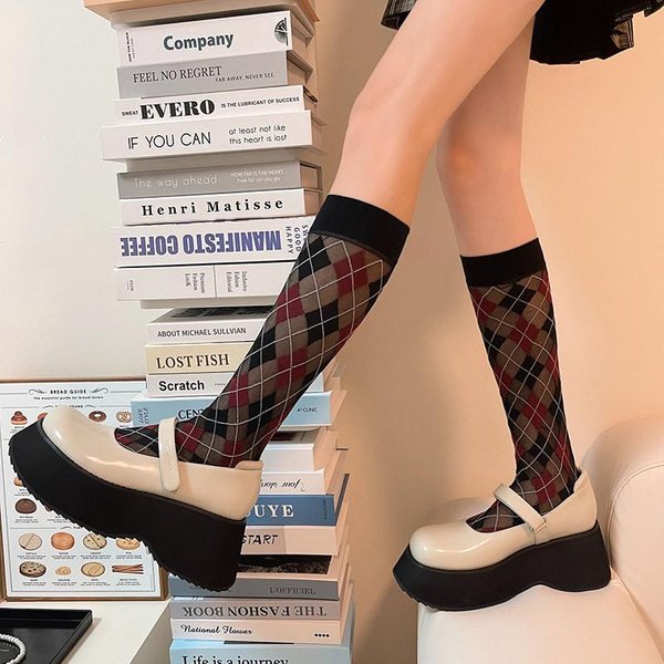 Cienkie Aksamitne PońCzochy Damskie W JapońSkim Stylu, W Kratę, Szkolne, PodkolanóWki, PońCzochy Jk Lolita Kawaii, Urocze, DłUgie Skarpety, PońCzochy One Size Brown-image