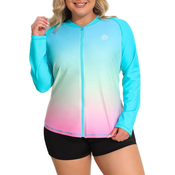 Charmleaks Damski DłUgi RęKaw Rash Guard UV Ochrona Przed SłOńCem Zamek Gradient Kostium KąPielowy GóRa 2X-image