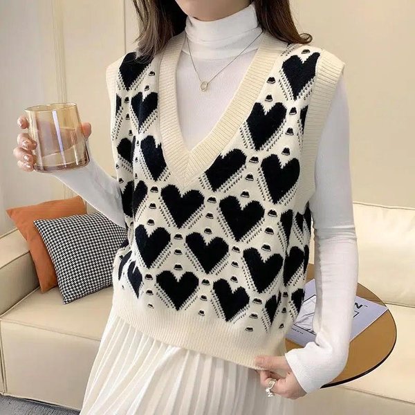 Chaleco De Punto OtoñO Cuello En V Sin Mangas Punto Ropa Casual Estampado Love Mujer Jersey Chaleco Vintage Suelto Preppy XL Blanco-image