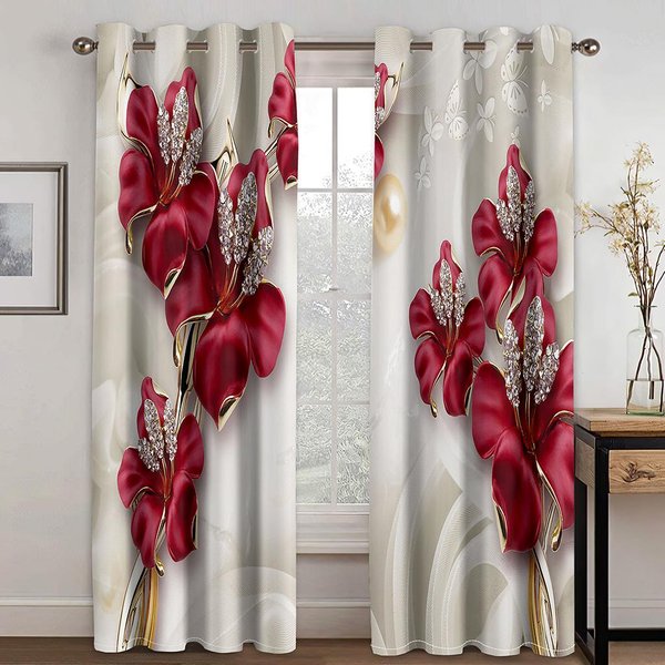 2 Szt. Kwiat Czerwonej RóżY Diamentowe ZłOto 3D Design Luksusowa Dziewczyna ZasłOny Okienne Do Salonu Sypialnia Drzwi Kuchenne PrzedpokóJ Home Decor W70H185(Cm)X2Pcs&Grommet Top-image