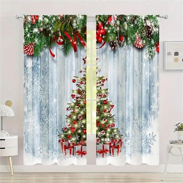 2 Piezas, Cortina De Bolas De Navidad Hojas De Pino, Con Montaje De Bolsillo Para Barra, Cortinas Impresas Digitalmente, Material De PoliéSter, Para Sala De Estar Dormitorio W65X60H(Cm)X2Pcs&Grommet Top-image
