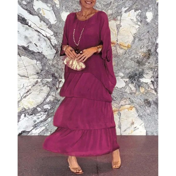Vestido Largo Maxi De Gasa De Color SóLido Elegante Para Mujer Con Mangas MurciéLago Cuello Redondo Volantes En Capas Vestido Largo Casual XL Rojo Oscuro-image