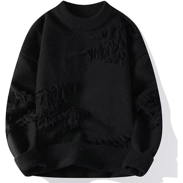 Sweter Zimowy MęSki Modny Jednokolorowy Wszechstronny OkrąGłY Dekolt DłUgi RęKaw JapońSki Styl LuźNy Dziurkowany Sweter XL Czarny-image