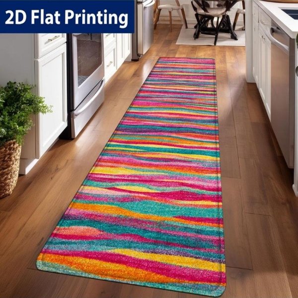 Bohemian TęCzowy Pasiasty Dywanik Kuchenny W Stylu Akwarelowym, AntypośLizgowy Zmywalny WytrzymałY Mata Do Kuchni, Pralni, Przedpokoju 60X180Cm-24X71In-image
