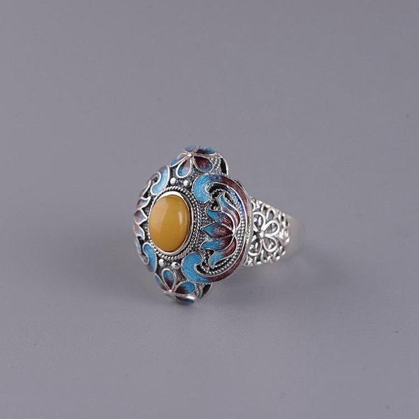 Anillo Ajustable De Calcedonia Natural De Loto De Porcelana Esmaltada Con Incrustaciones Artesanales Originales De DiseñAdor, JoyeríA éTnica CláSica Para Mujer Resizable Gray-image