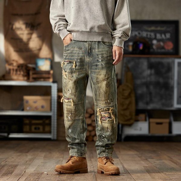 Modelos Retro Americanos De Primavera Y OtoñO Nuevos Jeans Harlan Holgados Con Parches Rotos Pantalones De Hombre 29 Gray-image