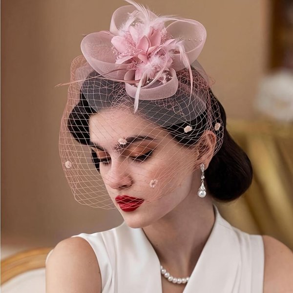Kapelusz Fascinator W Stylu Vintage Z Woalką Z Tiulu - Elastyczna Opaska ŚLubna I Na PrzyjęCie Herbaciane Nakrycie GłOwy Dla Kobiet RęCznie Robione Detale Z WstążKi Black-image