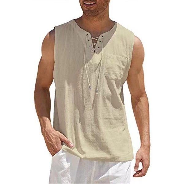 Camisas De Lino Y AlgodóN Para Hombre, Chalecos Casuales Sin Mangas, Camisas Con Cordones, Camisetas Sin Mangas Con Cuello En V Retro, Camisas Sueltas, Ropa De Color SóLido Para Hombre XXL-image