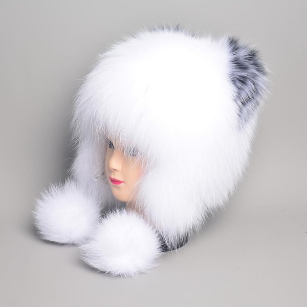 Luksusowa Damska Zimowa CiepłA Czapka Z Prawdziwego Futra Lisa RęCznie Robiona Damska Czapka Beanie Z Naturalnego Futra Lisa Prawdziwa Czapka Uszatka Z Futra Lisa 52-60Cm White-image