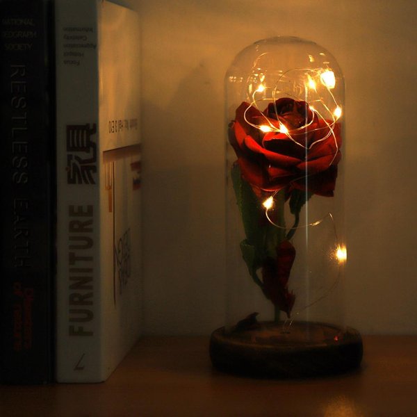 Flor De Rosa Preservada Con Luz Led, Tapa De Cristal Y Base De Madera, Regalo Para El DíA De San ValentíN O Boda, Roja Brown-image
