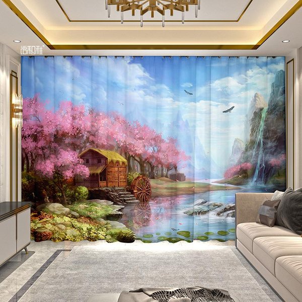 Cortina De Pintura De Paisaje De Flor De Melocotonero De 2 Paneles Cortina China Para Dormitorio De NiñAs Sala De Estar De Lujo Ventana De Suelo A Techo 100W130H(Cm)40X51In&Grommet Top-image