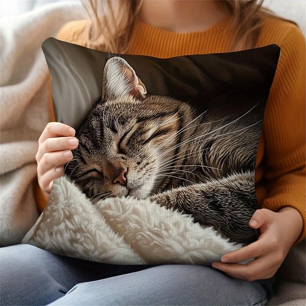 Funda De Almohada Gato Atigrado Durmiendo Vikama, Funda De CojíN Lavable Con Estampado De Gatito Perezoso, DecoracióN Acogedora Para El Hogar En SofáS Y Dormitorios 60X60Cm-image