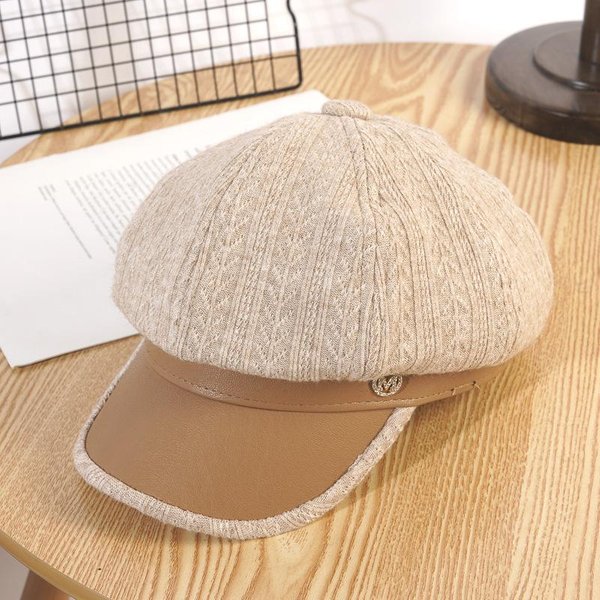 Nuevo Sombrero Para Mujer En Primavera OtoñO E Invierno Sombrero Octogonal De Cuero VersióN Coreana Boina Sombrero De Pintor Gorra De BéIsbol VersáTil One Size Beige-image