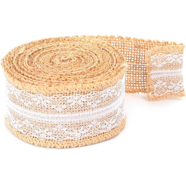 WstążKa Jutowa Z Białą Koronką Naturalna Rolka Jutowa Do Dekoracji DIY Pakowanie PrezentóW 5 JardóW 5Cm ŚRodkowa Koronka Beige-image