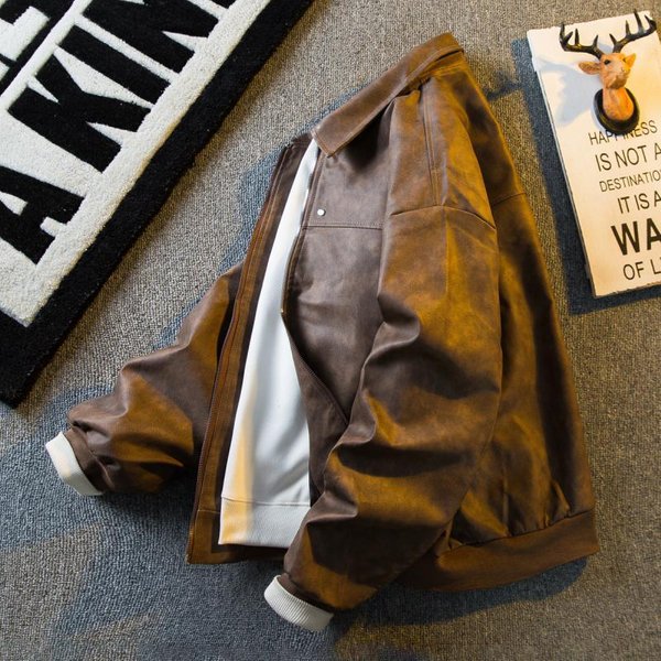 Chaqueta Retro Corta De Cuero Para Hombre OtoñO E Invierno Guapa Chaqueta De Motociclista De Ante M MarróN-image