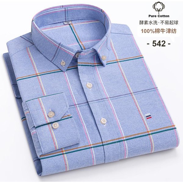 Camisas De Hombre Oxford 100% AlgodóN Manga Larga Cuadros Suave Corte Regular Formal Vestir Camisa Bolsillo Blusa Social Ropa Masculina S-7XL 4XL-image