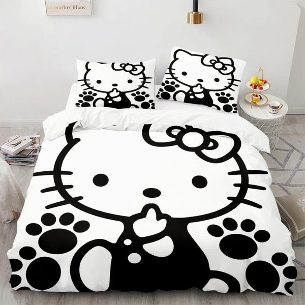 Juego De Funda NóRdica Hello Kitty Juego De Ropa De Cama Hello Kitty Funda De Colcha De Dibujos Animados Anime Funda De Almohada Juego De Cama TamañO Twin Full Queen US Full 200X230Cm-image
