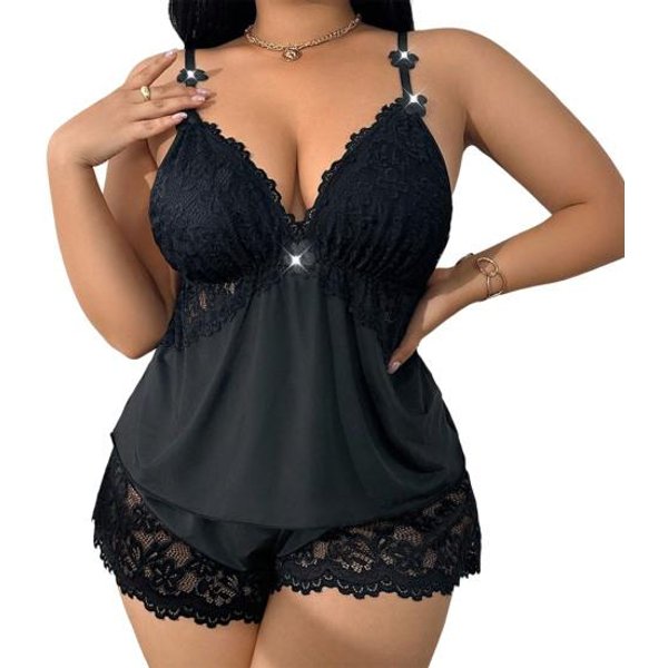 Damski Zestaw PiżAmowy Plus Size Seksowny Top Na RamiąCzkach Bez RęKawóW Z Koronkowym WykońCzeniem I Szorty Zestaw Nocny DwuczęśCiowy Koszulka Na RamiąCzkach Ubranie Domowe PiżAmy Zestaw L Czarny-image