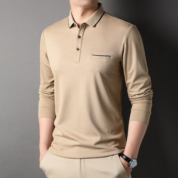 Camiseta De Manga Larga Con Cuello Para Hombre OtoñO Nueva Tendencia De Moda Transpirable Camisa Polo Color SóLido Camiseta Para Hombre Xxxl-image