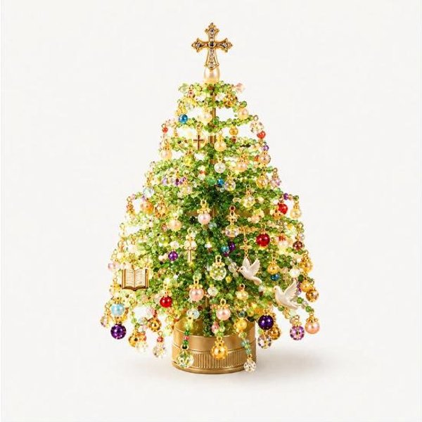 Kit De Manualidades De áRbol De Navidad De Cuentas DIY De Mesa, DecoracióN NavideñA Hecha A Mano Con Cuentas De Vidrio Con Cadena De Luces Believe In Christmas Beige-image