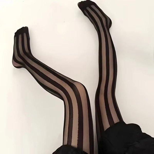 Medias De Rayas Vintage Para Mujer sexy Transparentes Rayas Verticales Anchas Medias Negras Retro CláSico Medias De Nailon Hasta El Muslo One Size Black-image