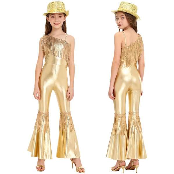 Dzieci Dziewczynki Kombinezon Jazzowy Disco Jedno Ramię Bez RęKawóW PłAtki FręDzle Wysoka Talia Rozszerzany Z Kapeluszem Fedora Na Bankiet Konkurs Imprezę 5-6 Years ZłOty-image