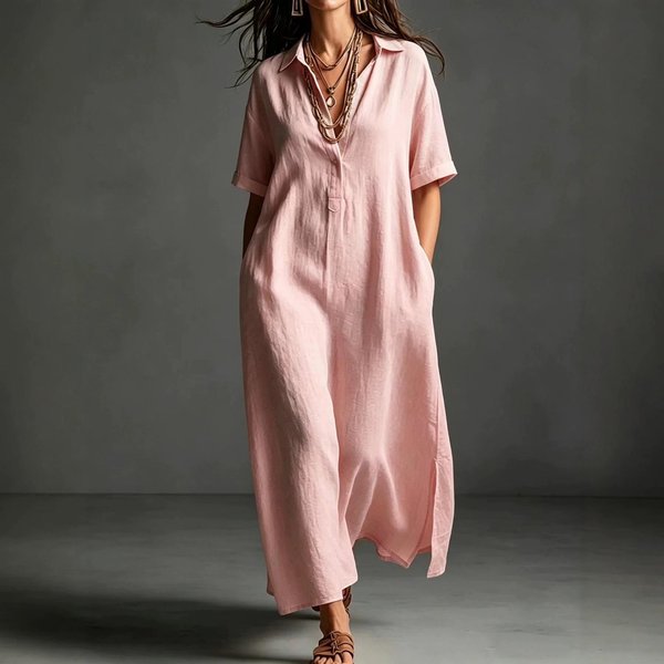 Vestido Largo De AlgodóN Para Mujer Manga Corta Corte Holgado Camisa Casual Cuello En V Botones KaftáN Largo Vestido De Verano Para La Playa Con Bolsillos S Color Rosa-image