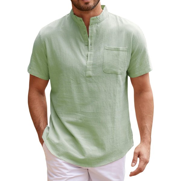 Camiseta Henley De Manga Corta Para Hombre Nueva De Verano, Ligera, De AlgodóN Y Lino - Transpirable, Estilo BáSico Casual, Tops De Color SóLido M Gray-image
