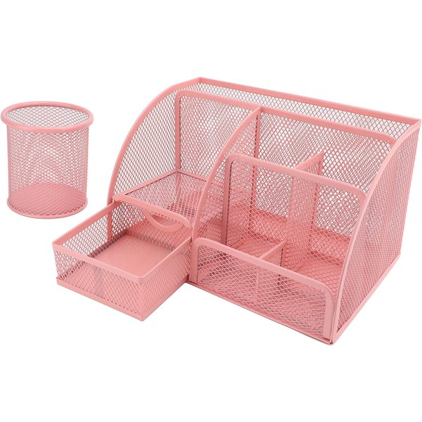 Set De PortaláPices Malla MetáLica 7 Compartimentos Organizador De PapeleríA Multifuncional Con CajóN Para Oficina Rosa Brillante-image