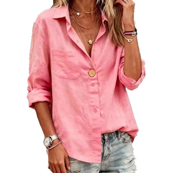 Camisa De Lino Para Mujer De Botones Casual Holgada Con Solapas Y Bolsillo En El Pecho XXL Color Rosa-image