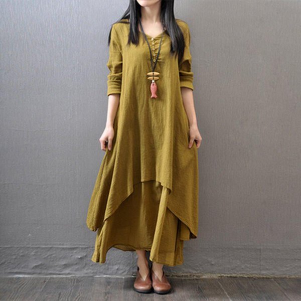 Nuevo Vestido De Lino De Falda Larga De Primavera Y OtoñO Para Mujer Vestido Suelto De AlgodóN Y Lino De Manga Larga M Amarillo-image