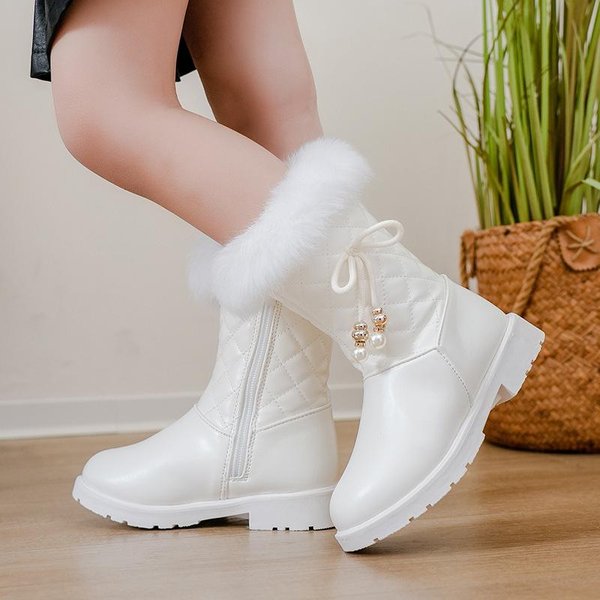 DziecięCe Buty Jesienno-Zimowe Nowe KoreańSkie DziewczęCe Buty śNieżNe, śRednie I DużE DziecięCe CiepłE SkóRzane Buty KsiężNiczki, Buty Do PołOwy łYdki 37 BiałY-image