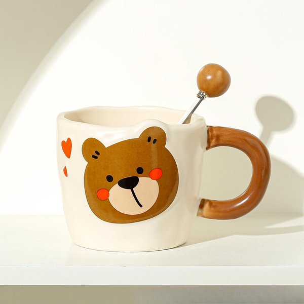 SłOdki NiedźWiedź Ceramiczny Kubek Wysokiej JakośCi Kubek Z łYżEczką Kubek Na Wodę Dla Pary Kubek Do Kawy Kubek Na PamiąTkę Prezent 301-400Ml Beige-image