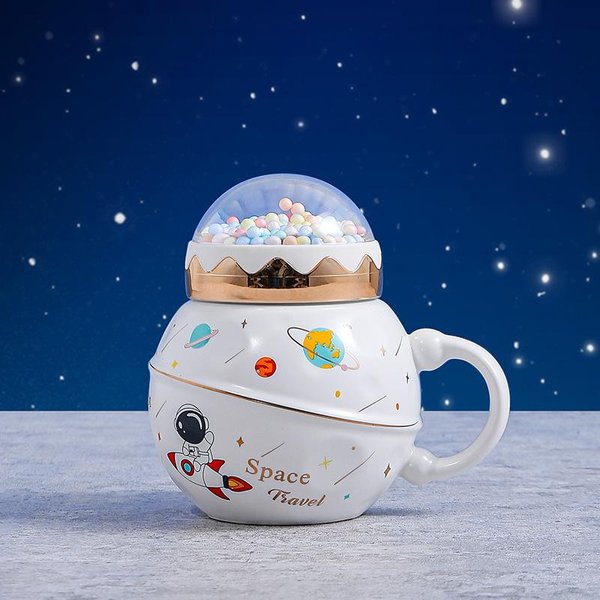 Taza De Planeta De Dibujos Animados Con Cuchara Tapa De Paisaje Taza De CeráMica Regalo Astronauta Astronauta 401-500Ml White-image