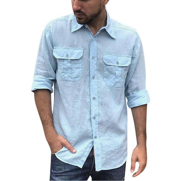Camisa CláSica De Lino Y AlgodóN Para Hombre, Con Doble Bolsillo, Manga Larga, Informal, Con Solapa, De Color Liso, Ligera, Ropa Moderna Para Hombre M Azul-image