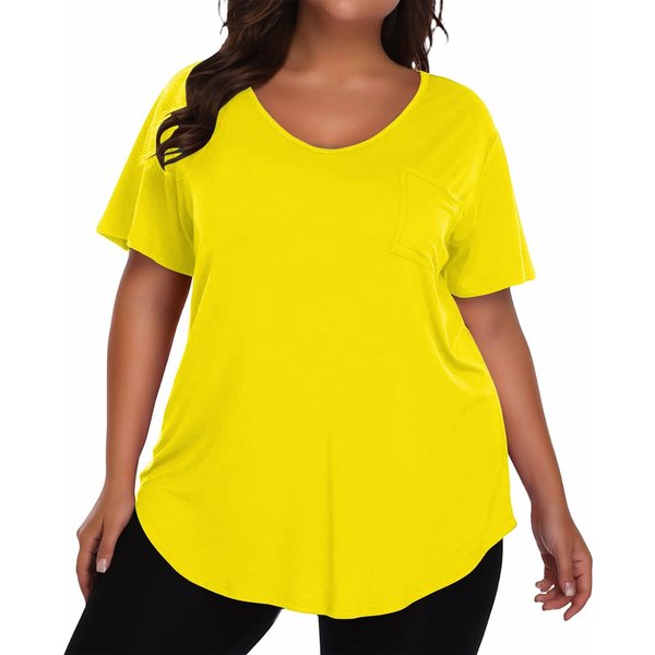 Camiseta De Mujer De Talla Grande, Color Casual, Cuello En V, Manga Corta. XXL Amarillo-image