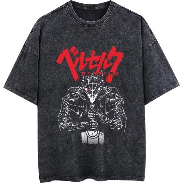 Camiseta Berserk AlgodóN Lavado Vintage Anime JapóN Oversize Unisex Ropa De Calle Harajuku Manga Corta Hombre Mujer Tops Camiseta 3XL-image