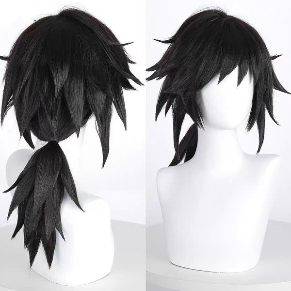 Hairjoy Peluca De Pelo SintéTico Peluca Cosplay Tomioka Giyuu Peluca Negra De Cosplay 16Inches Negro-image