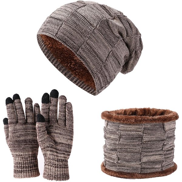 Conjunto De Gorro Y Bufanda De Punto Para Invierno, Gorro CáLido Con Forro Polar Grueso, Calentador De Cuello, Pantalla TáCtil Caqui-image