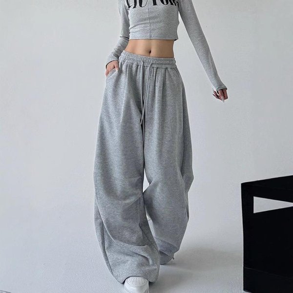 Harajuku Szerokie Spodnie Dresowe Damskie Streetwear LuźNe Oversize Szare Spodnie Sportowe Wysoki Stan Sznurek Codzienne Joggersy Spodnie XS Kolor Szary-image