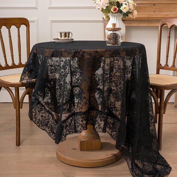 Mantel De Encaje Negro Vintage Elegante Cubierta De Mesa Bordada Floral Mantel RomáNtico Para Boda Fiesta JardíN Hogar Comedor 140X180Cm-image