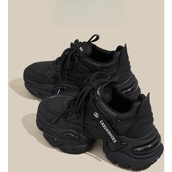 Zapatos De Papá De Cuero Zapatos De Mujer Primavera Nueva Moda VersáTil Suela Gruesa Aumento De Altura Interno Zapatos De Mujer Zapatos Deportivos Casuales 35 Black-image