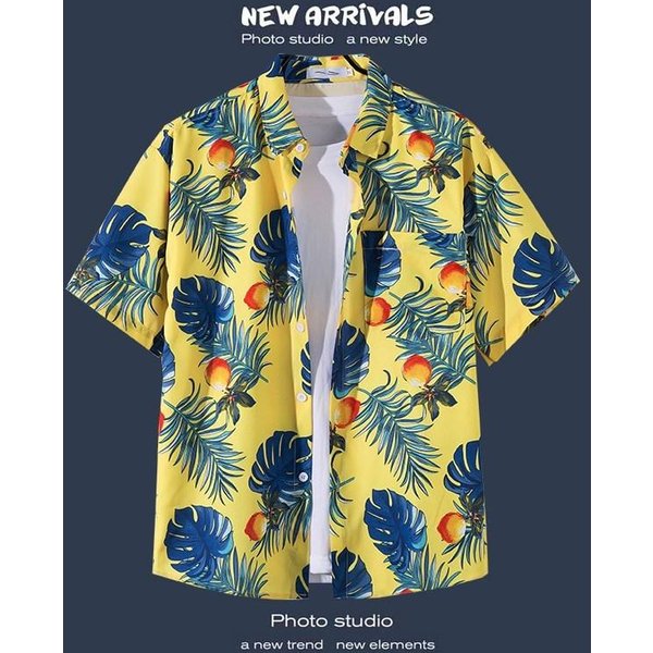 Camisa De Hombre Camisa Hawaiana De Verano Camisa Casual Camisa De Playa Manga Corta Plantas De Flores Solapa Ropa De Vacaciones Hawaiana M Verde Oscuro/Amarillo-image