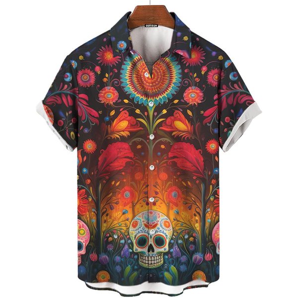 Camiseta DíA De Muertos Calavera Camisetas Hombre Cara De Calavera Estampado 3D Manga Corta Retro Holgada Oversize Ropa Hombre Ropa De Festival 5XL-image