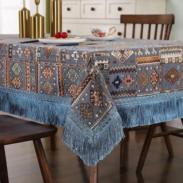 Wzory Geometryczne Obrus Szenilowy KrawęDź FręDzli Haftowany Obrus Do Jadalni ProstokąTny Gruby, Odporny Na ZużYcie Obrus 130X130Cm 1Pcs-image