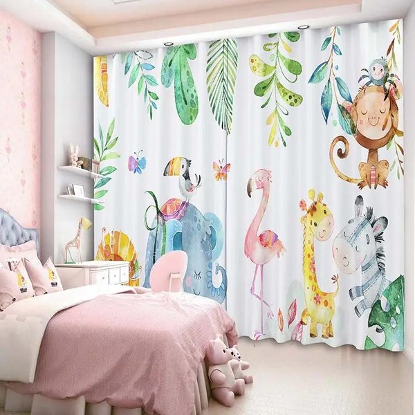 Linda Cortina Opaca De Dibujos Animados Bosque Verde Vida Silvestre Gruesa Para Ventana De Dormitorio Sala De Estar Cortina De Alta Sombreado 2 Piezas Nuevo DiseñO W55 X H120Cm X 2&Grommet Top Gray-image