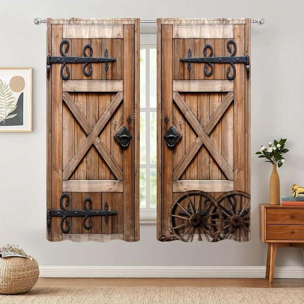 2 Piezas Cortina Con Estampado De Puerta De Madera RúStica - Tratamiento De Ventana Con Bolsillo Para Barra Para DecoracióN Del Hogar Para Dormitorio, Oficina, Cocina, Sala De Estar W70X185H(Cm)X2Pcs&Hook-image