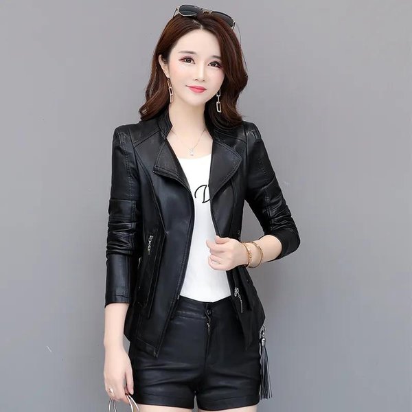 Chaqueta De Cuero OtoñO E Invierno Chaqueta Corta Para Mujer Chaqueta De Cuero Ajustada Abrigo De Talla Grande Top Xxxl Negro-image